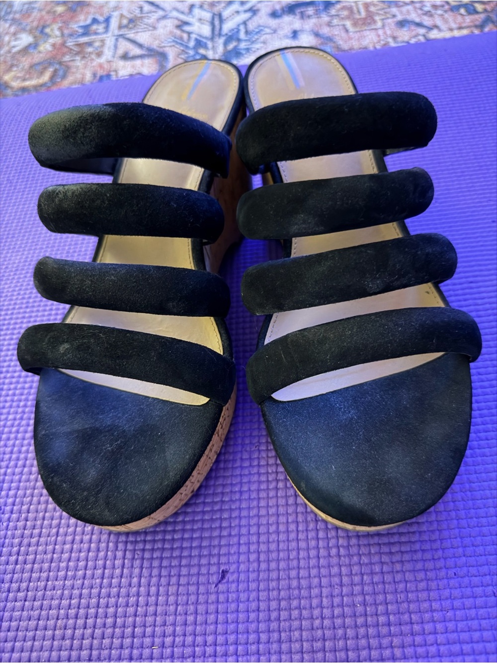 Sam Edelman Black Suede Multi-Strap Cork Wedge Slides